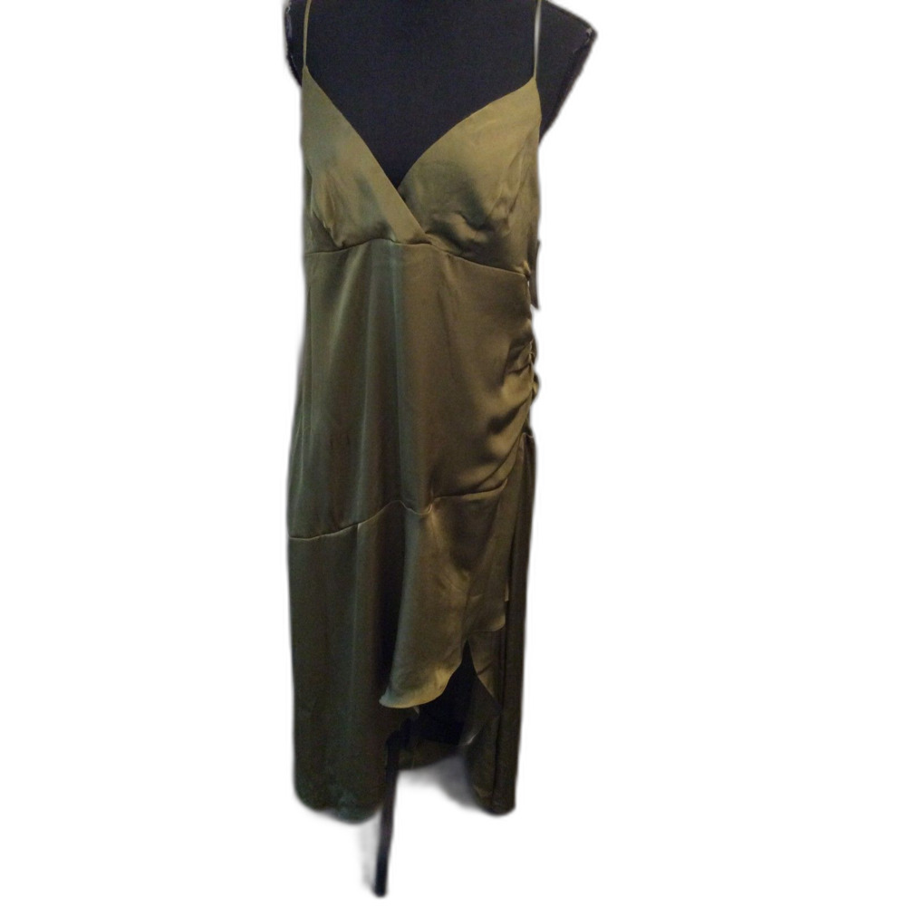 New NWT Olive Green Asymmetrical Maxi Dress A Line Satin Feel Large L